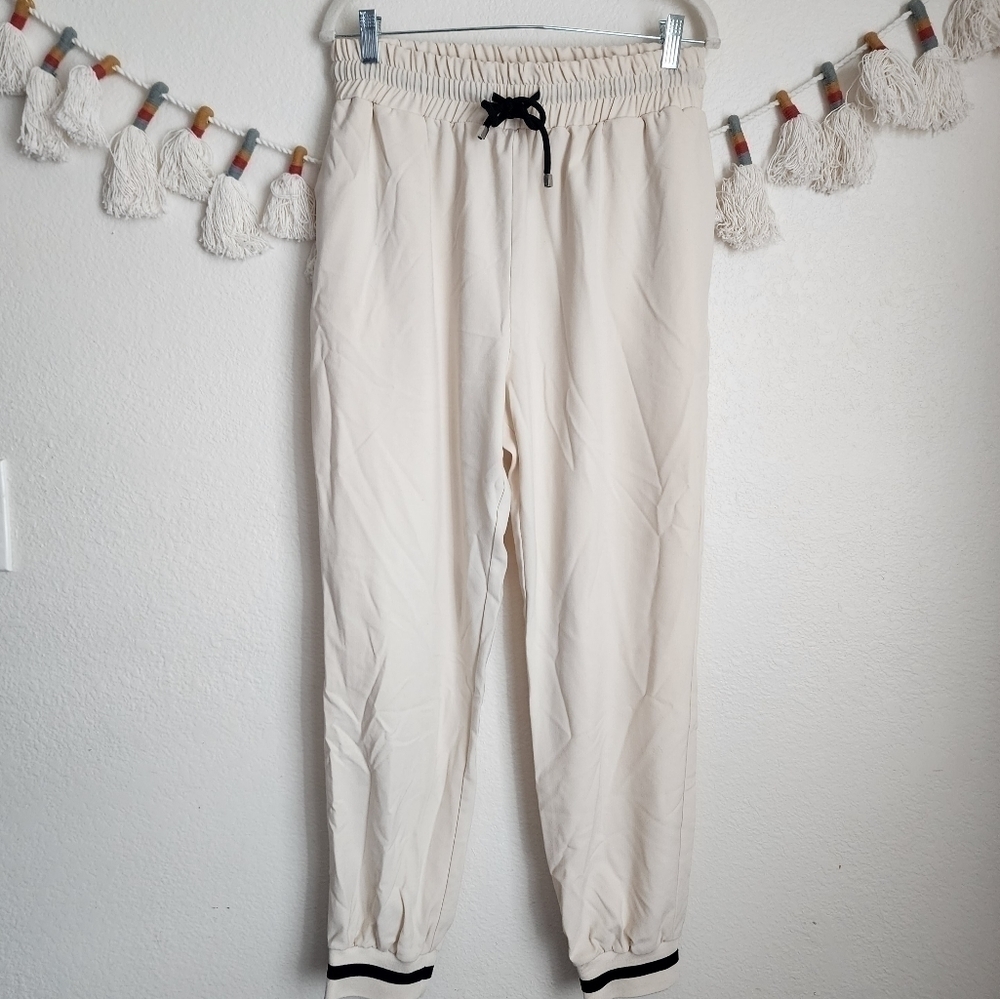 Zara Ivory High Waisted Pull On Tapered Trouser Pants W/Pockets Careerwear L